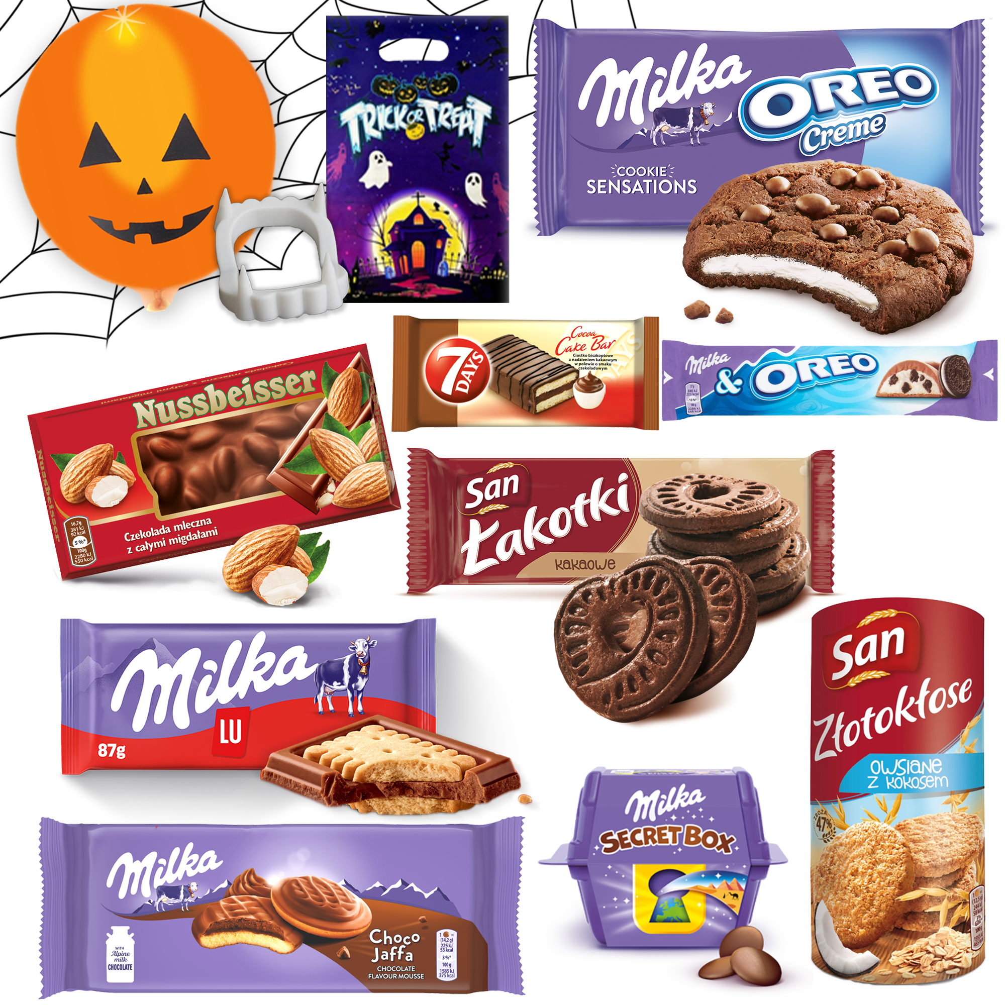 Zestaw słodyczy na Halloween mix Milka, San, Nussbeisser, Delicje + gratisy