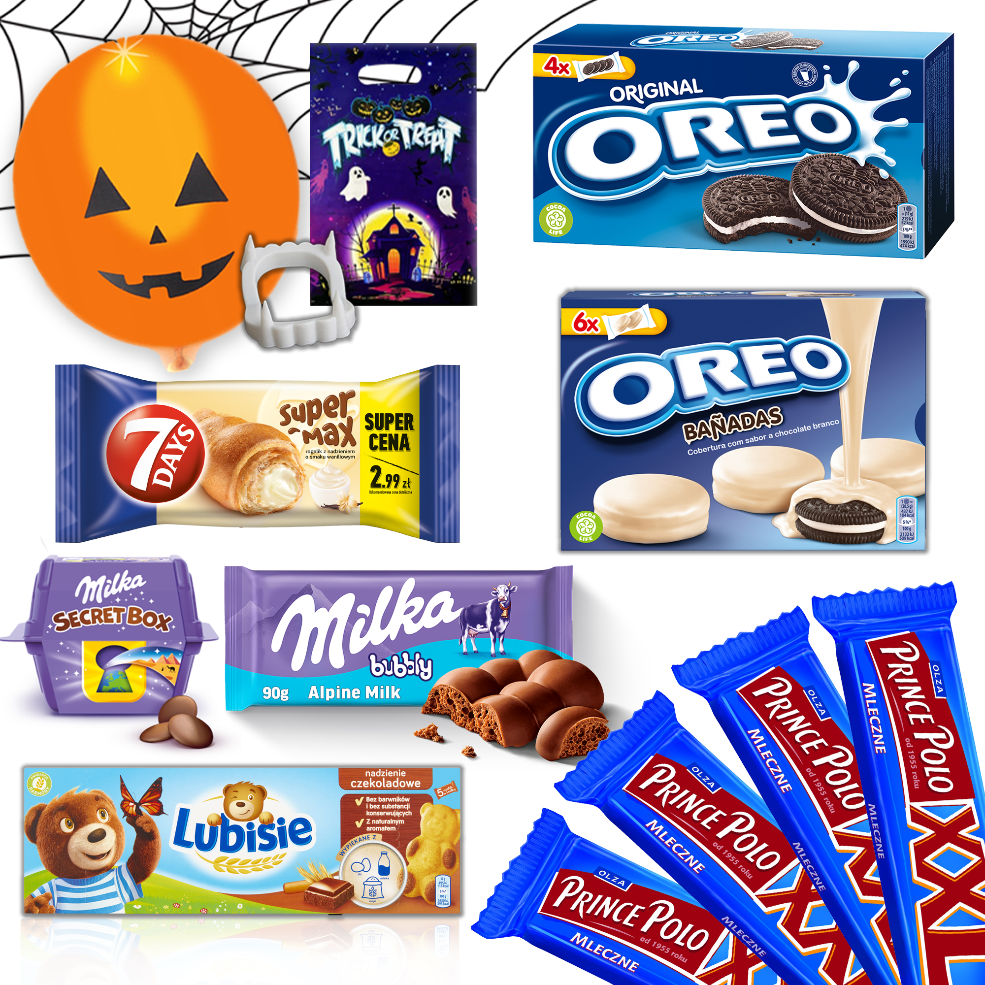 Zestaw słodyczy na Halloween, Milka, Oreo, 7Days, Prince Polo + gratisy